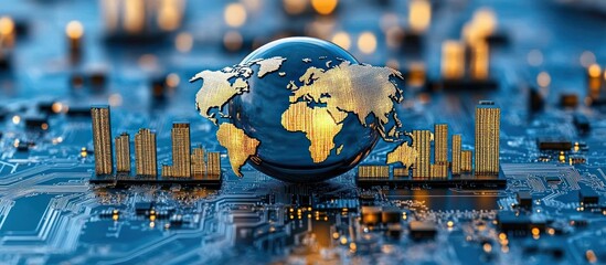 A globe and miniature city are set on a circuit board