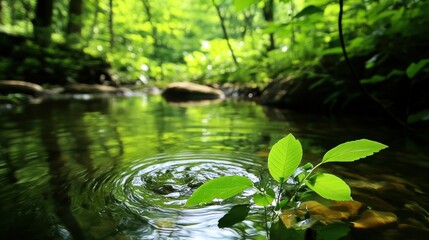 Poster - A small plant sits in a stream within a green forest