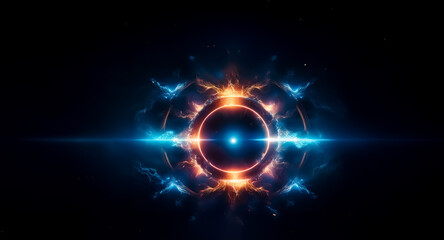 Aufkleber - Abstract glowing orb with vibrant blue and orange energy emanating outwards. Circular shape with light effects against a dark backdrop creating a cosmic feel.