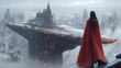 © ธิดารัตน์ ชะโนวรรณะ - Mysterious Figure in Red Cloak Overlooking Futuristic City with Dark Tower in Fog