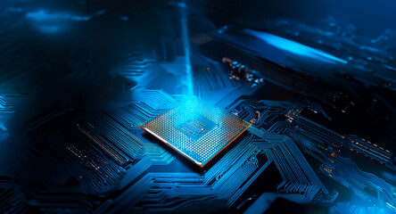 Poster - A glowing computer chip is centered on a blue circuit board, illuminated by a bright beam of light, symbolizing advanced technology and data processing.