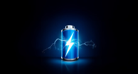 Poster - A blue battery icon with a white lightning bolt symbol is charged and energized, emitting bright light and electric sparks against a dark backdrop.