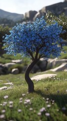 Poster - A picturesque landscape features a tree with vibrant blue flowers and greenery
