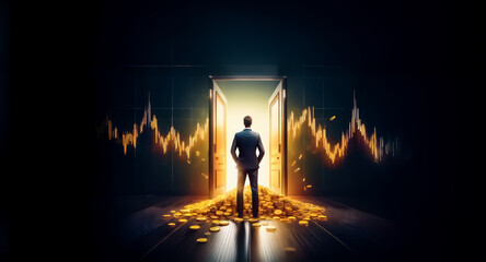 Aufkleber - A figure in a suit is silhouetted at a bright doorway, hinting at financial opportunity. Gold coins surround the entrance under the glow of charts suggesting market growth.