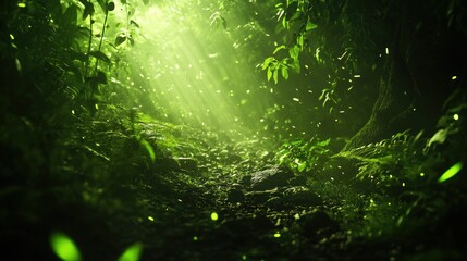 Poster - A lush green forest path illuminated by beams of sunlight