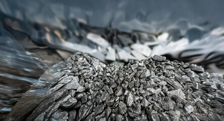 Poster - A textured pile of grey rocks dominates the foreground, creating a rough surface. A blurred, cave-like background adds depth and mystery to the natural scene.