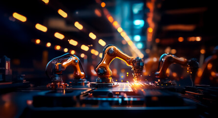 Poster - Robotic arms work in a dark factory setting, sparks fly as they assemble and manufacture products with precision and efficiency in an automated environment.