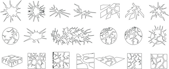 Crack and fissure vector set, broken surface, shattered glass, fractured ground, damaged wall, impact burst explosion effect, abstract texture destruction pattern, cracked earth, broken stone outline 