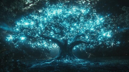 Poster - A luminous tree shines brightly with vibrant glowing light in forest