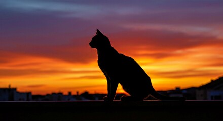 Naklejka na meble Photograph an Arabian Mau Cat Silhouetted Against a Vibrant Sunset Sky, Highlighting Its Elegant Form and the Dramatic Sky Colors_