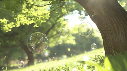 Poster - Transparent soap bubbles floating in a sunny green park setting