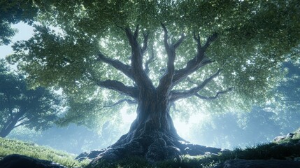 Poster - A massive tree with a crown dominating a lush forest scene