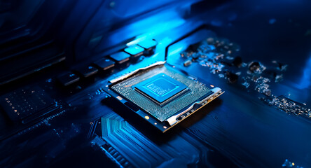 Poster - A detailed close-up shows a computer processor unit mounted on a circuit board, bathed in blue light, highlighting its intricate electronic components.