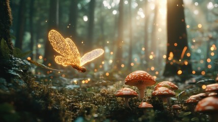 Poster - A glowing butterfly flies near mushrooms in a forest setting