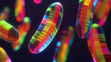 Abstract rendering of vibrant colorful patterned objects floating in space