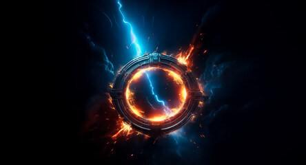 Fototapete - Circular portal emits electric blue lightning and fiery orange sparks against a dark backdrop. Swirling energy around the ring creates a powerful and dynamic scene.