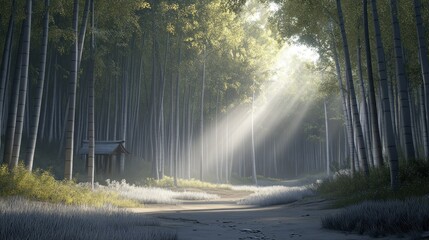 Poster - A beautiful forest pathway with sunlight shining through tall trees