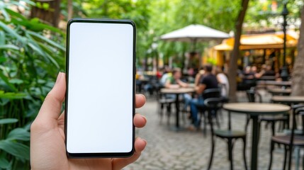 A hand holding a smartphone at an outdoor restaurant setting