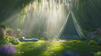 Poster - A serene garden with a tent and vibrant flowers