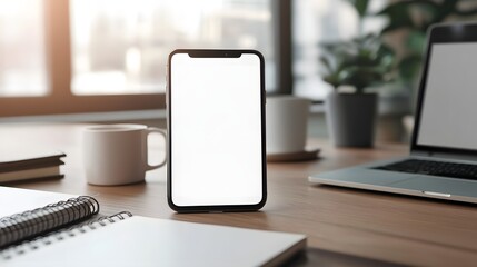 Premium smartphone mockup with a blank screen, placed on a wooden desk with a laptop, notebook, and coffee cup, soft ambient light