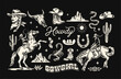 © cddesign.co - Western vector graphic set featuring cowgirls, horses, cacti, skulls, hats, boots, and 'Howdy' & 'Cowgirl' typography. Perfect for stickers, t-shirt designs, and other uses.
