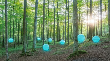 Poster - A beautiful forest scene with ethereal glowing blue spheres