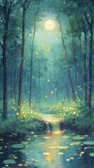 Poster - A beautiful forest scene with water and bright moon
