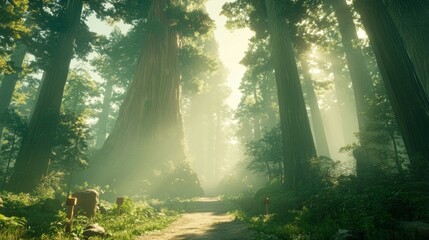 Poster - Sunlight streams through the ancient trees of a beautiful forest