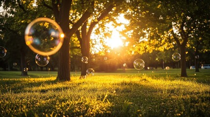 Poster - Bubbles floating over green grass in a sunny park environment
