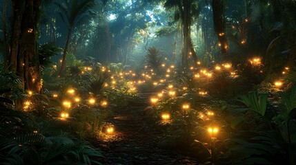 Poster - A magical forest path illuminated by glowing amber lights at night