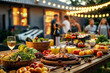 © mankjon - A vibrant summer garden party at dusk with a beautifully arranged outdoor dining table filled with fresh fruits, grilled meats, salads, and wine under warm string lights
