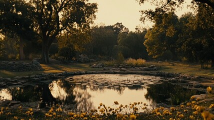 Poster - Serene outdoor pond scene surrounded by trees and flowers in nature