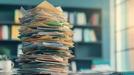 Aufkleber - A towering stack of cluttered paperwork dominates a desk in an office setting, suggesting a heavy workload with significant organizational tasks ahead