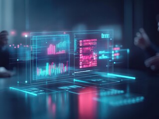 Aufkleber - A virtual team conducting a product review, with 3D glowing product elements projected and 2D performance analytics 4k resolution, Cinematic Scene