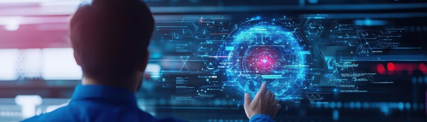 Poster - A visionary professional presenting complex ideas on a futuristic digital interface in a creative and hightech workspace