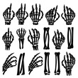 © Anabella - Black and white vector illustration of skeleton hands making various gestures and signs. The bony structures of fingers and wrists are detailed, creating a striking anatomical design.