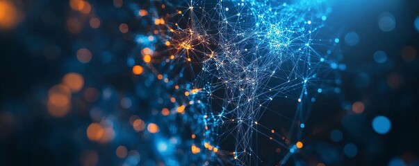 Wall Mural - abstract digital network with glowing blue and orange connections, representing data flow and interc