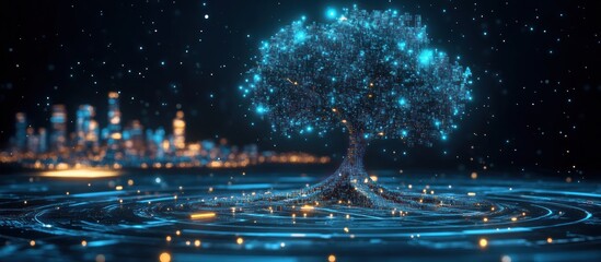 A digital tree growing near an illuminated city skyline at night