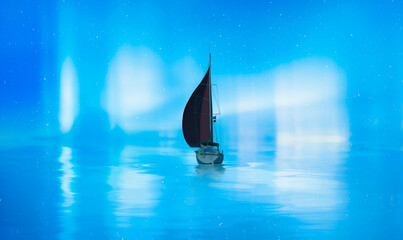 Wall Mural - silhouette of sailing luxury yacht along the route over dark sea - northern lights aurora borealis