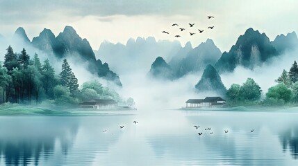 Wall Mural - mountain landscape with fog