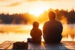 © Thammarong - A serene scene of a father and son fishing from a wooden dock at sunrise, with mist rising off the lake and a tackle box nearby