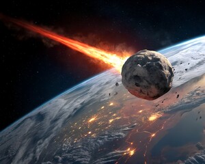 Wall Mural - An asteroid hurtling towards Earth, leaving a fiery trail behind.