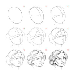 Wall Mural - pencil drawing lessons. page shows how to learn to draw a sketch of imaginary portrait of young woma