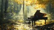 © Jesse - A grand piano elegantly situated in a serene forest setting, surrounded by vibrant autumn foliage. Sunlight streams through the trees, casting a magical glow and creating a tranquil atmosphere. The pi