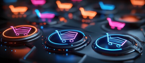 Glowing neon shopping cart buttons symbolize digital online commerce experiences