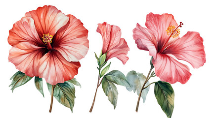 Hibiscus set, isolated white background, watercolor illustration, Red flower