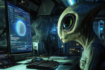 Alien Examining a Computer Screen in a Futuristic Interior