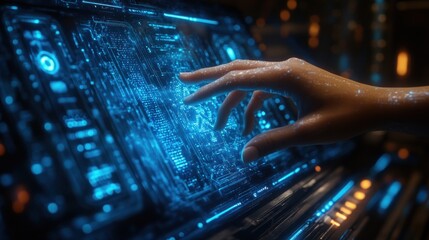 Fototapete - Close-up of a hand interacting with a futuristic holographic interface, displaying glowing blue data.