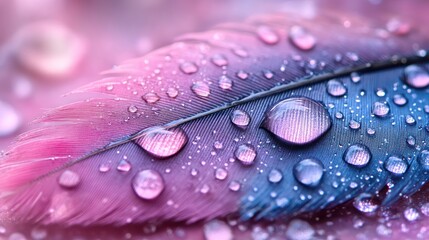 Poster - Close-up of a pink and blue feather covered in water droplets.