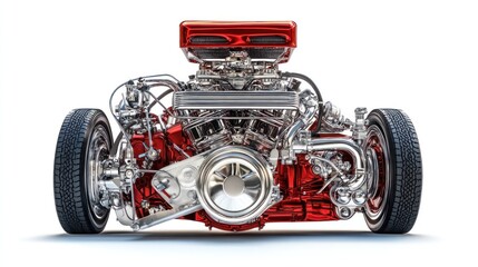 Aufkleber - Close-up of a powerful, red, custom-built V8 engine with attached wheels, isolated on white background.